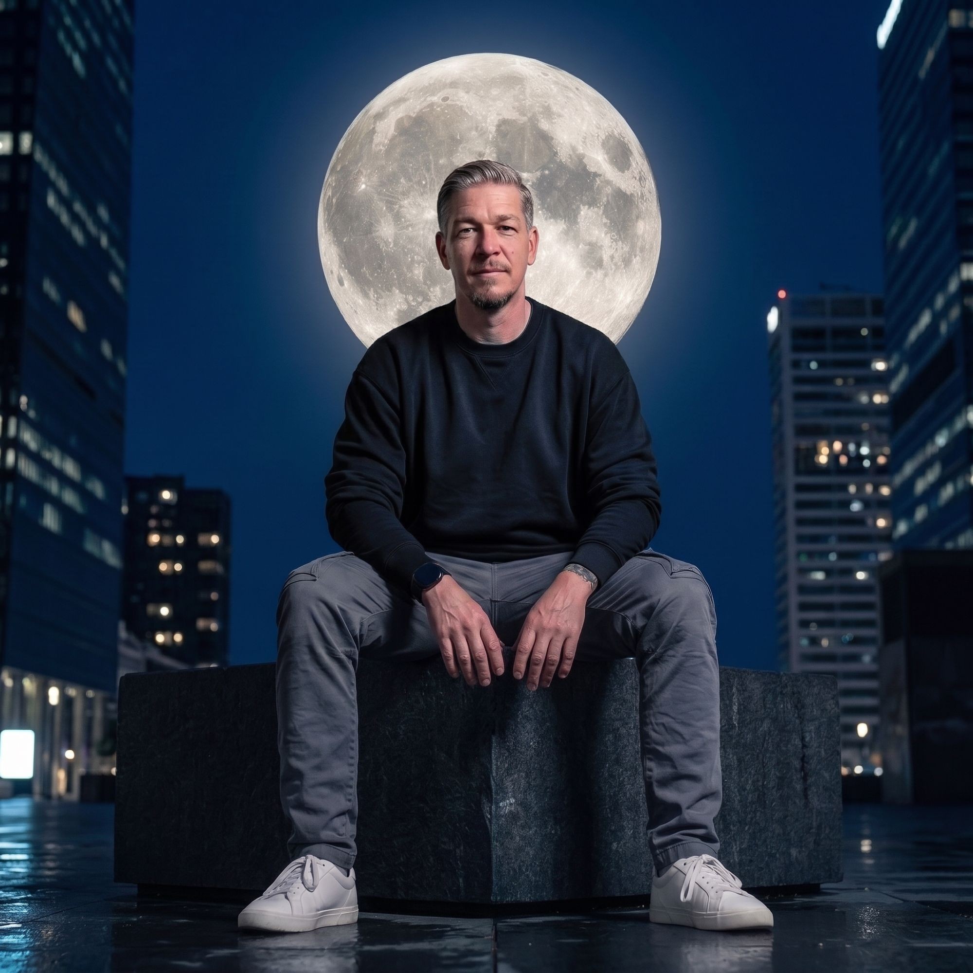 DJ SAME sitting in a city at night, full moon behind