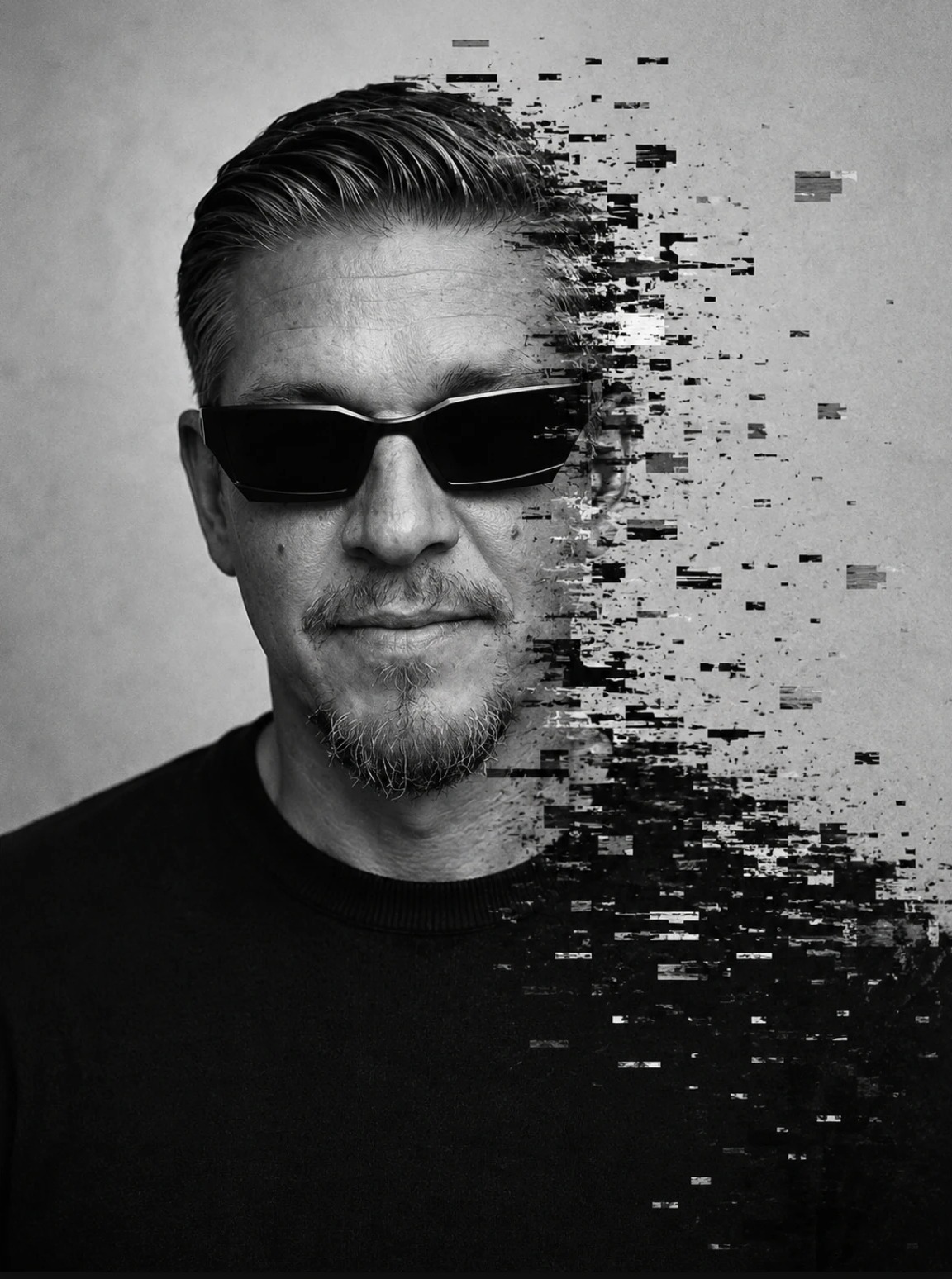 DJ SAME, black and white portrait with sunglasses